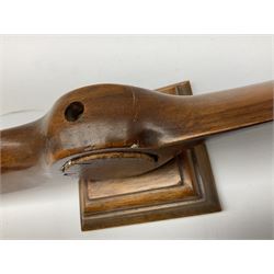 Early 20th century novelty small propeller mantle clock reputedly made by an apprentice at Blackburn Aircraft Works, Beverley & Hull in 1914, the mahogany case loosely inset with a WW1 DOXA Royal Flying Corps pocket watch, the black dial inscribed ' 30-Hour Non-Luminous Mark V.' number BE11653 with subsidiary seconds dial, the back marked with a capital 'A' above a broad arrow, mounted on a stepped square base L67cm