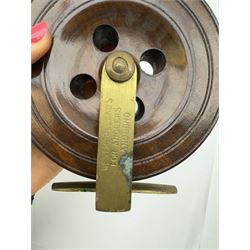 D. Slater, Newark, wood, alloy and brass star-back centre pin reel,  together with three other wooden/alloy reels including Edge Elite, Milbro Pelican and one other 