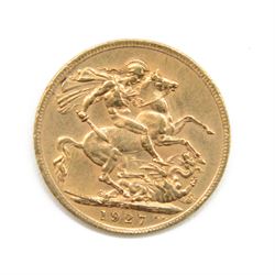 King George V 1927 gold full sovereign coin, Pretoria mint