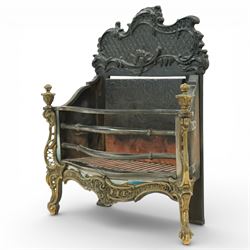 20th century Rococo style fire basket, cast iron back plate with pierced and scroll moulded cresting, steel fire bars and grate, ormolu mounted uprights with foliate scrollwork, on shaped feet