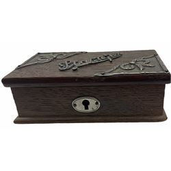 Silver mounted oak stamp box, opening to reveal an interior with three divisions, hallmarked Birmingham 1904, makers mark indistinct. 