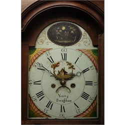  Early 19th century oak longcase clock, stepped arch trunk door, painted enamel dial with cottage scene, Roman and Arabic numerals, date aperture, eight day movement striking on bell, H214cm  