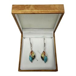 Pair of silver turquoise and tri-coloured Baltic amber pendant earrings 