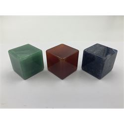 Ten cube mineral specimens, each cut and polished to highlight natural formations, including tiger eye, green aventurine, rose quartz, opalite, amethyst etc, H3cm 