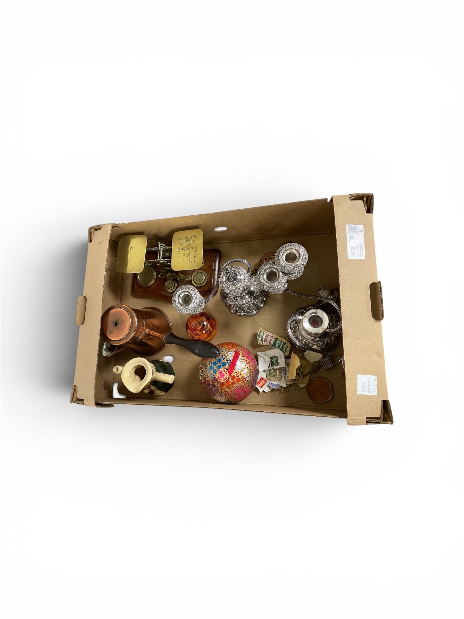 Set of brass postal scales, together with glass paperweight and other collectables 