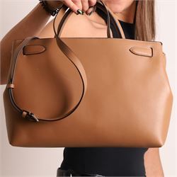Mulberry - Islington handbag in Teak Silky Calf leather with black piping, the structured body with single rolled top handle, gold-tone Postman’s Lock fastening and front strap detail, with detachable and adjustable shoulder strap, opening to a spacious two-division interior with Mulberry monogram fabric lining, with original Mulberry product tag, care booklet and dust bag