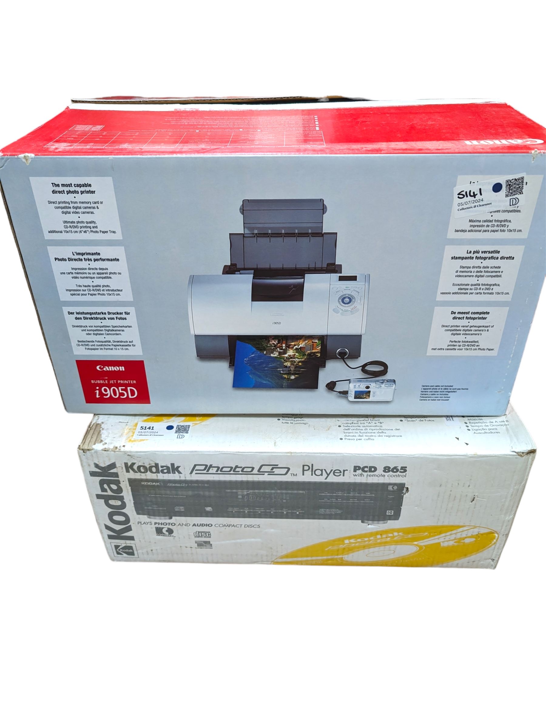 Canon bubble jet printer, i905D, together with a Kodak Photo CD player, PCD865, boxed 