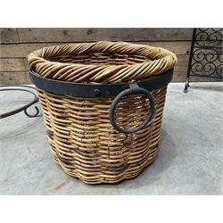 Black painted wrought iron fire guard , wicker log basket with stand, coal bucket and a fire kerb (4)