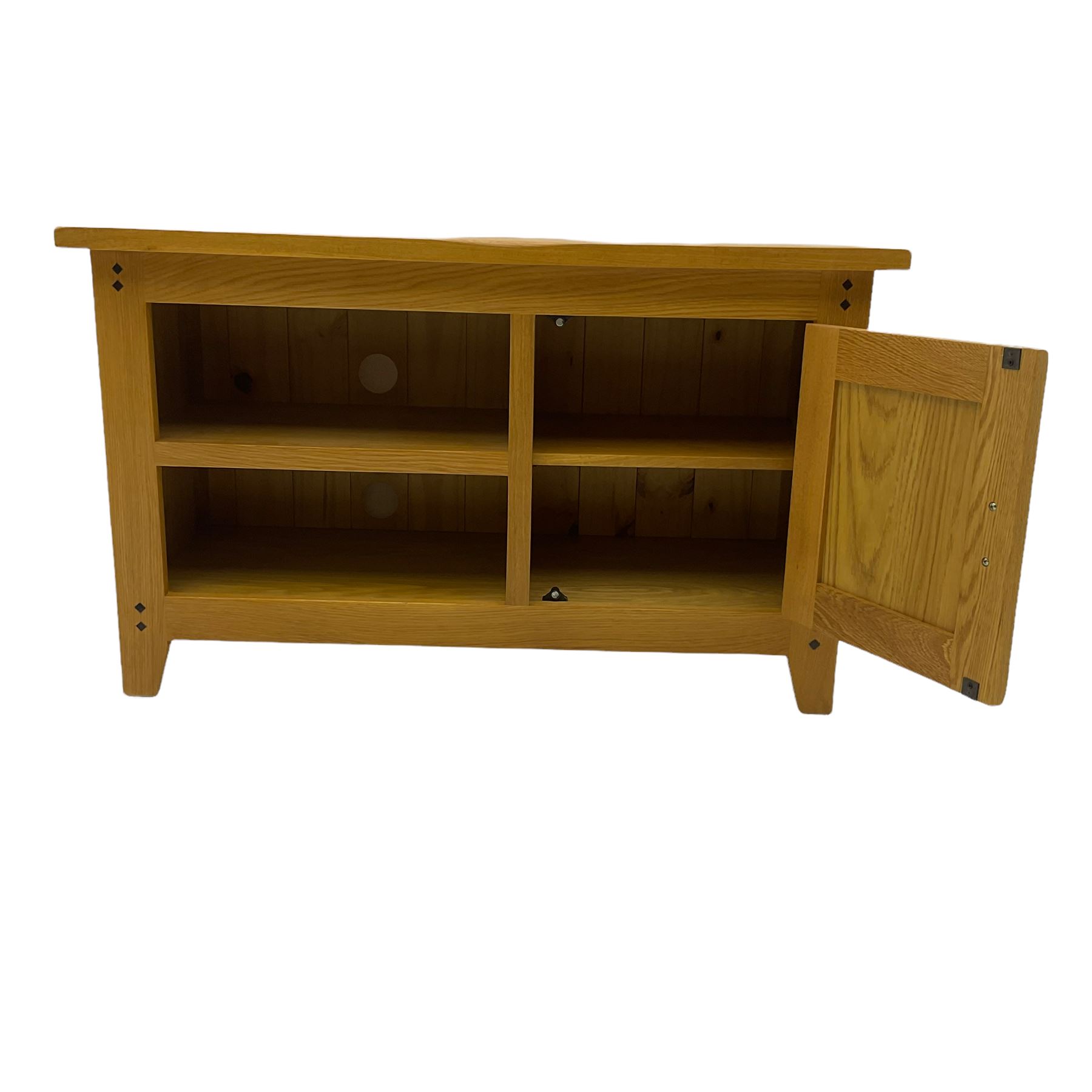 Solid light oak television stand, fitted with shelf and cupboard The