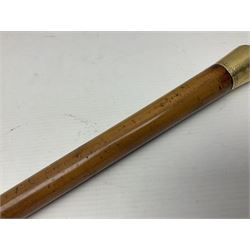 Malacca walking cane mounted with gold cap engraved J Mackillican, H93cm