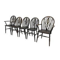 Late 20th century set five (3+2) beech Windsor armchairs, hoop back with pierced wheel splat, turned supports joined by H shaped swell turned stretchers