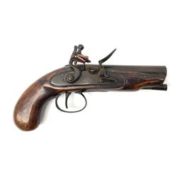 Early 19th century flintlock pocket pistol with 11.5cm round barrel, walnut full stock, plain steel lock plates and trigger guard and under barrel ramrod with horn tip L23cm overall