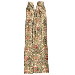 Two pairs of lined curtains, ivory ground fabric decorated with jardinieres of flowers spaced by scroll motifs, W329cm, fall 237cm (2)