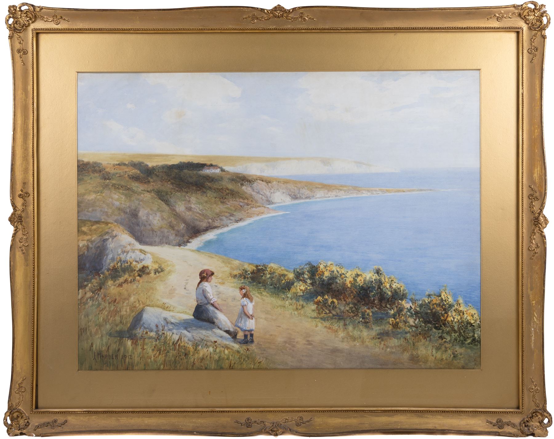 Laurence Warden (British 1879-1953): Mother and Daughter on a Clifftop, watercolour signed and dated 1912, 54cm x 73cm 