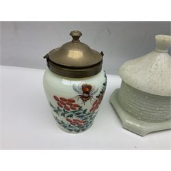 Collection of glass beehive honey pots, to include a blue slag example, milk glass, pink, green, etc together with four white metal examples (16) 