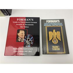 Excellent collection of twelve German Third Reich reference books including four by Adrian Forman - Guide to Third Reich German Awards and Documents, ........ Documents and Their Values. Volumes one and two. Both limited edition and signed by the author; and Bravery, Courage & Valour - Decorations and Awards of the Third Reich; D.E. Bowen: The Prussian & German iron Cross. Signed by the author; Ulric of England: Collecting Third Reich 'SS' and Political Cuffbands. Two volumes; Don Boyle: 'SS' Totenkopf H. Himmler Ring 1933-1945. 2nd printing. Signed by the author and inscribed to 'Adrian' (Forman); and four others (12)