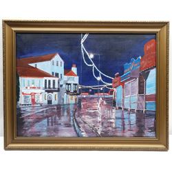 John R Young (British Contemporary): 'Just Before Dawn' Sandside Scarborough, acrylic signed, titled with artist's studio card verso 45cm x 60cm