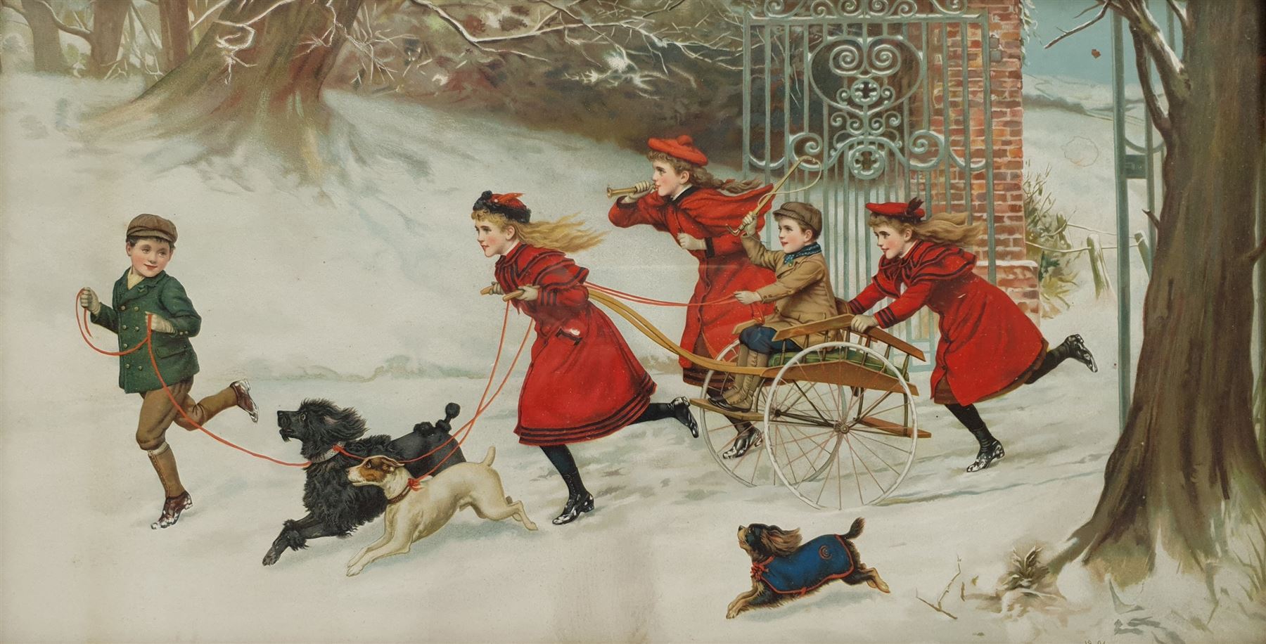 After Charles Trevor Garland (British 1855-1906): Playing with a Cart in the Snow, Edwardian chromolithograph 32cm x 60cm