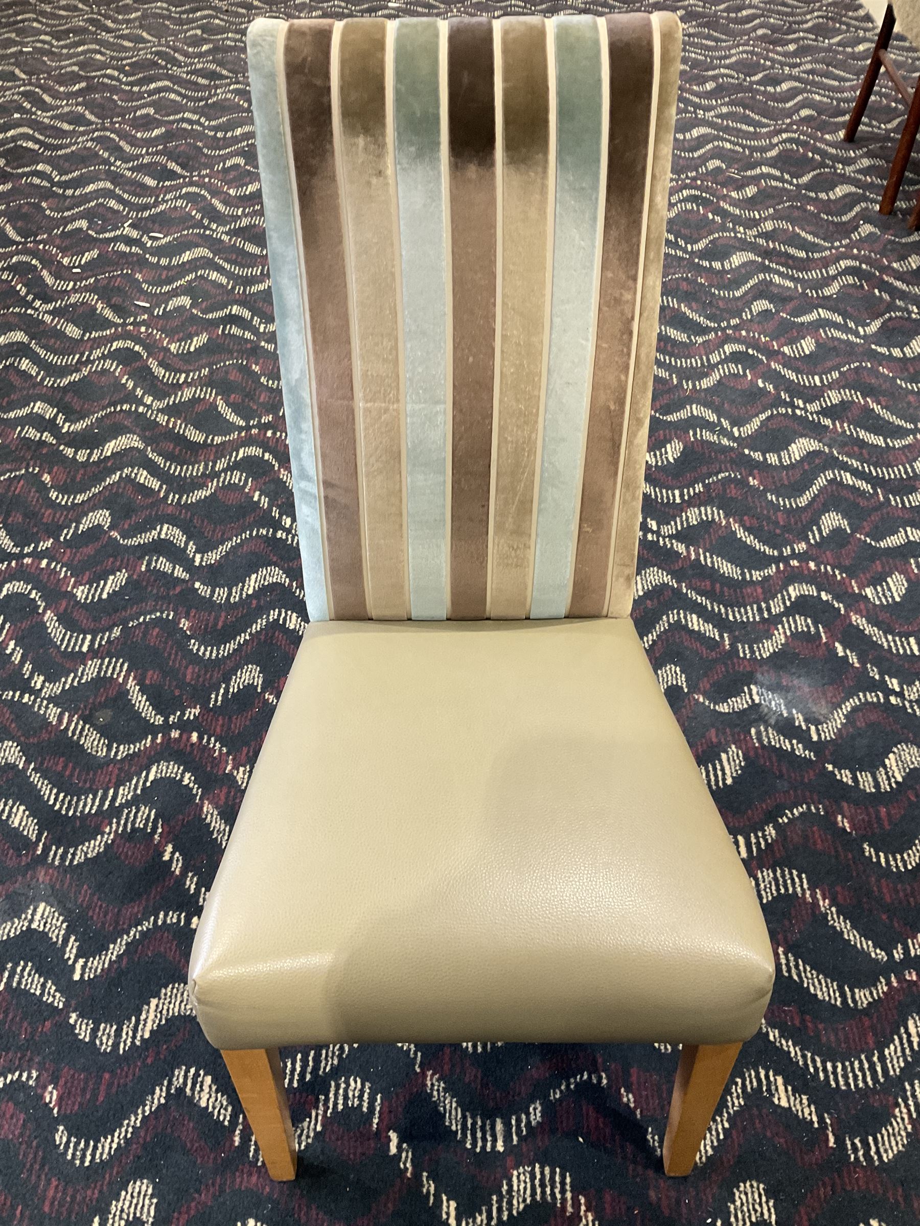 Nine high back dining chairs, cream and lime seats- LOT SUBJECT TO VAT ON THE HAMMER PRICE - To be collected by appointment from The Ambassador Hotel, 36-38 Esplanade, Scarborough YO11 2AY. ALL GOODS MUST BE REMOVED BY WEDNESDAY 15TH JUNE.