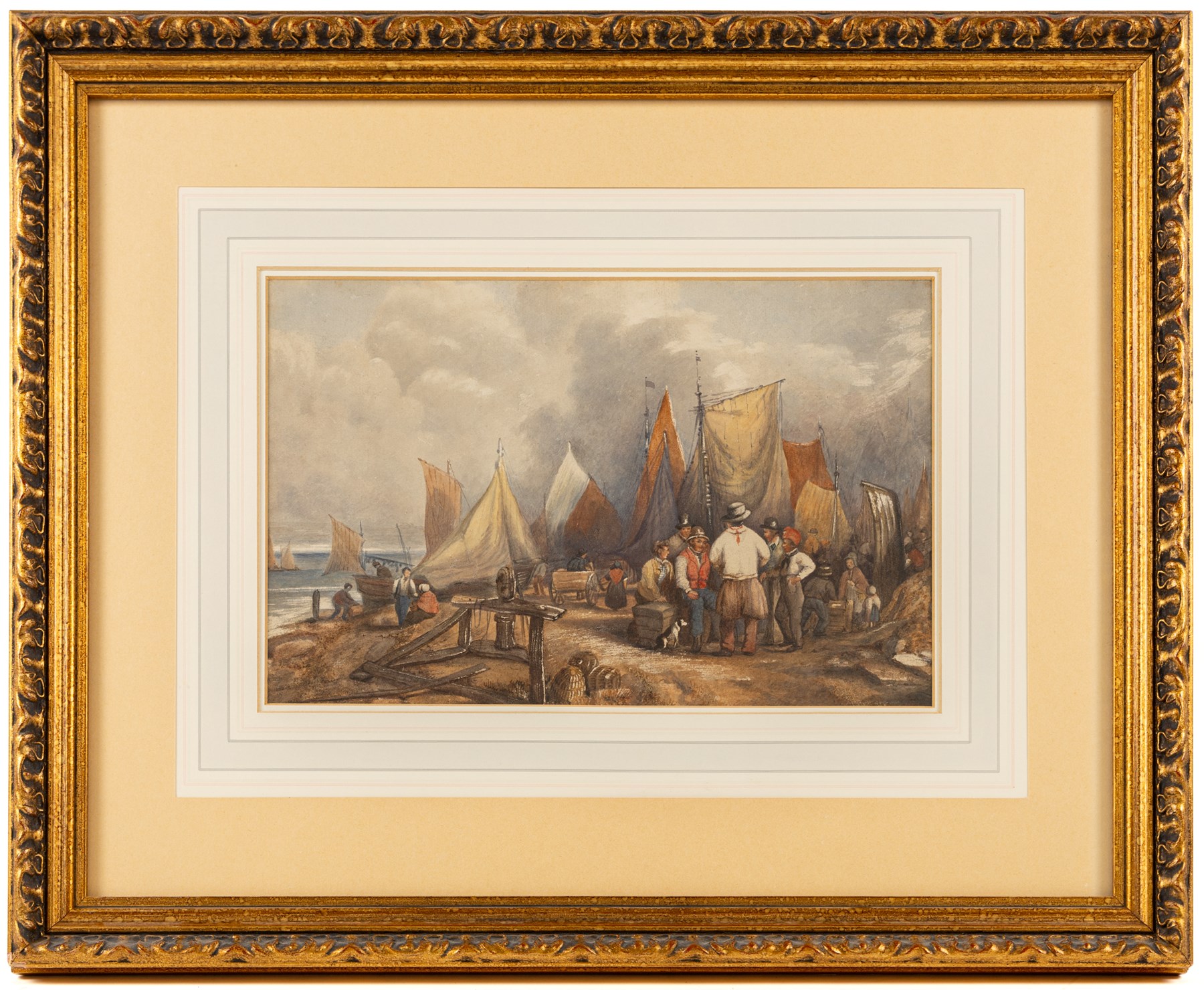 English School (19th century): Fisherfolk Gathered at Shore, watercolour unsigned 20.5cm x 32cm