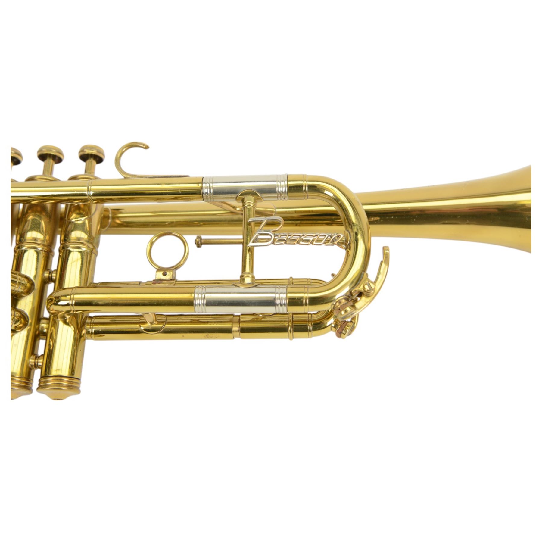 Besson brass trumpet, with three piston valves and finger hook, heavily lacquered finish with mouthpiece, within a velvet lined hard case