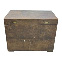 Early 20th century oak blanket chest, of rectangular form with iron strap hinges and surface-mounted drop handles, the interior fitted with iron lid stays, on bracket feet
