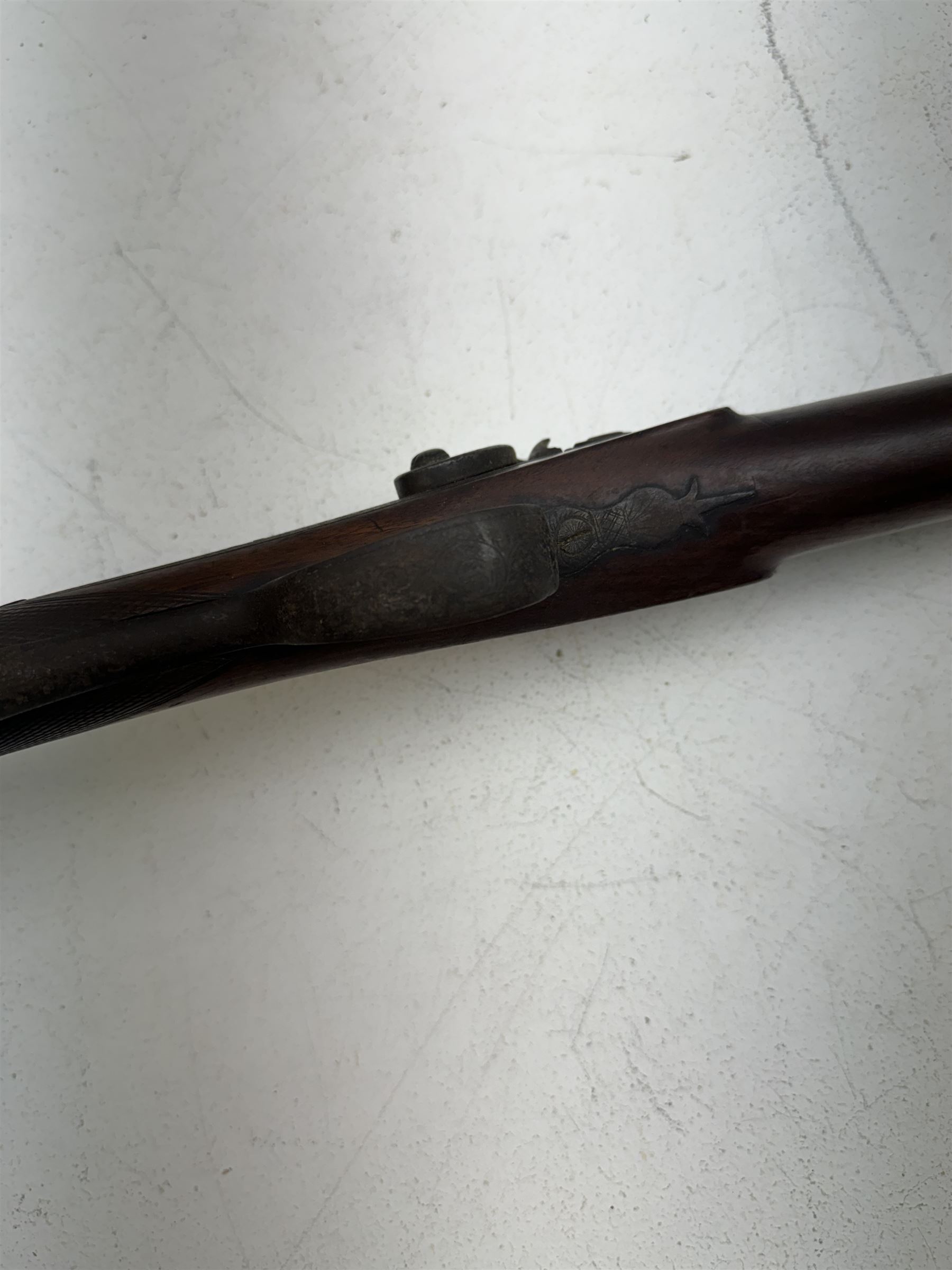 19th century single barrel percussion fire shotgun, muzzle loader, walnut stock with chequered grip and engraved steel fittings, the 84cm (33