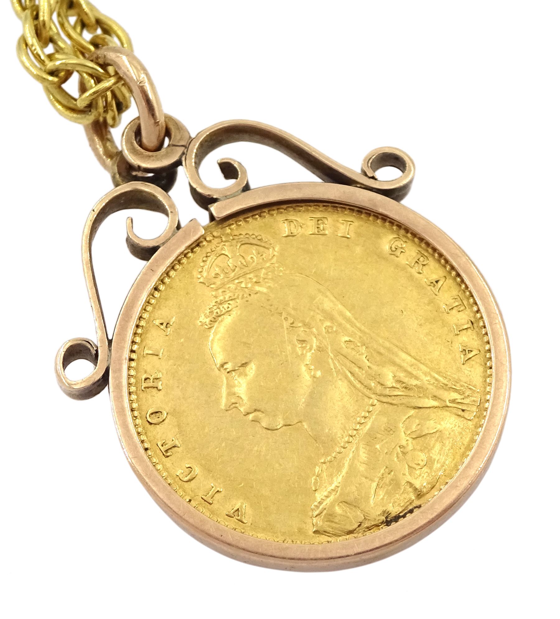 Queen Victoria 1893 gold half sovereign coin, shield back, loose mounted in gold pendant, on gold Singapore link chain necklace, both 9ct