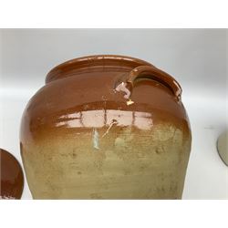 Second World War stoneware jar with airtight lid for ointment - anti-gas and large stoneware twin handled jar and cover, largest example H39cm