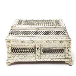 Early 19th-century French Napoleonic Prisoner of War bone workbox, decorated with repeating pierced classical decoration within borders of sgraffito foliate motifs, H13cm x W22cm x D15cm