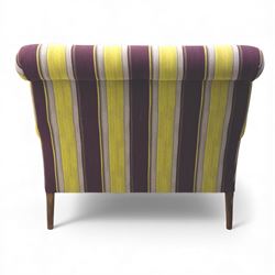Sofa.com - ‘Jethou’ two seat sofa, upholstered in striped fabric of purple, yellow, and cream tones, with scroll arms and cushioned back, raised upon turned wooden front legs