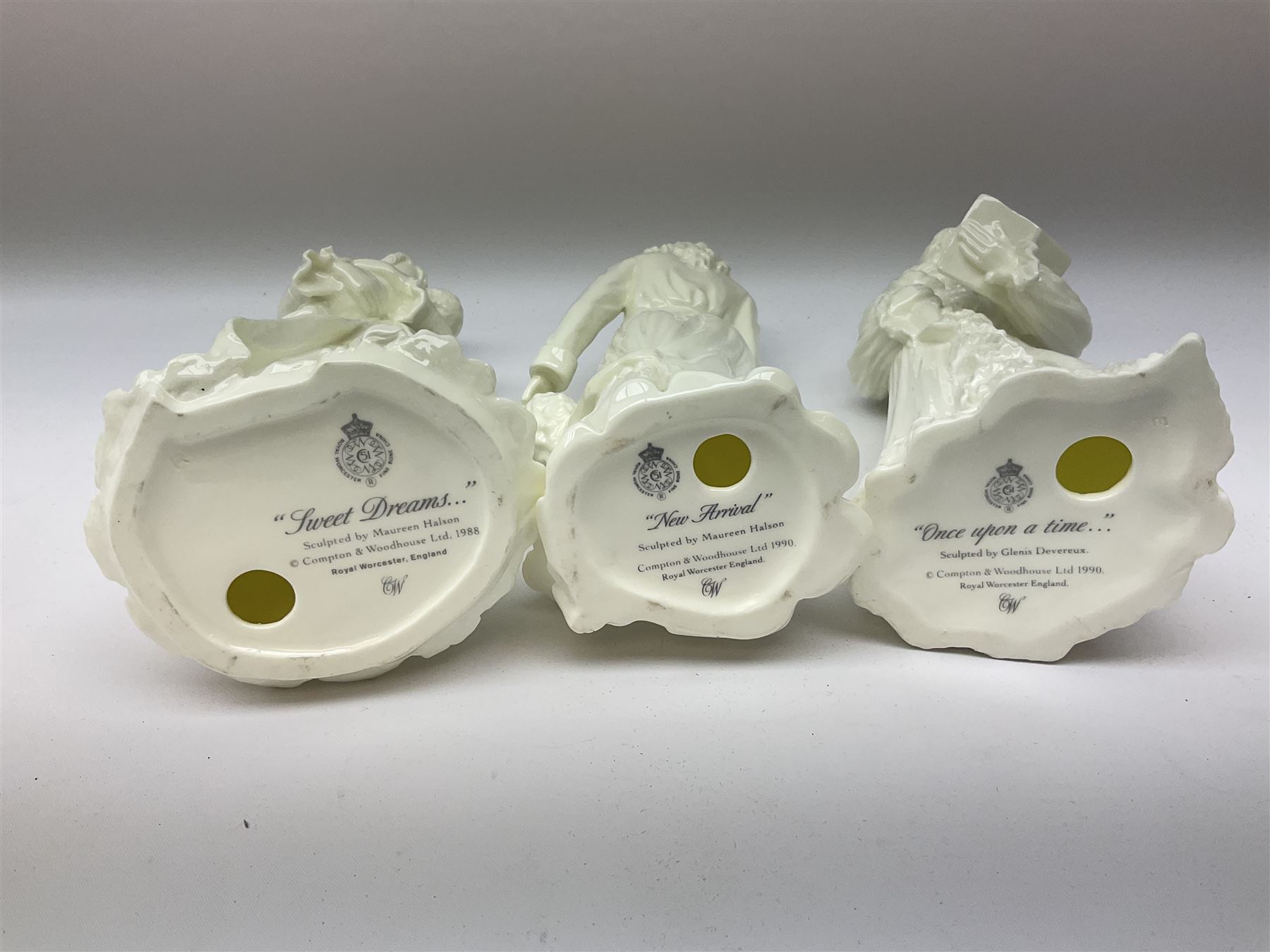 Six Royal Worcester figures, comprising The Wedding Day, New Arrival, The Christening, First Steps, Once Upon a Time and Sweet Dreams, all with printed marks beneath 