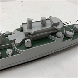 Early 21st century grey and green painted balsa wood 1:100 scale model of the French naval anti-aircraft battleship 'Colbert'  L180cm, fitted with remote control equipment, twin electric motors with direct drive shafts to the two propellers, but no controller or frequency details