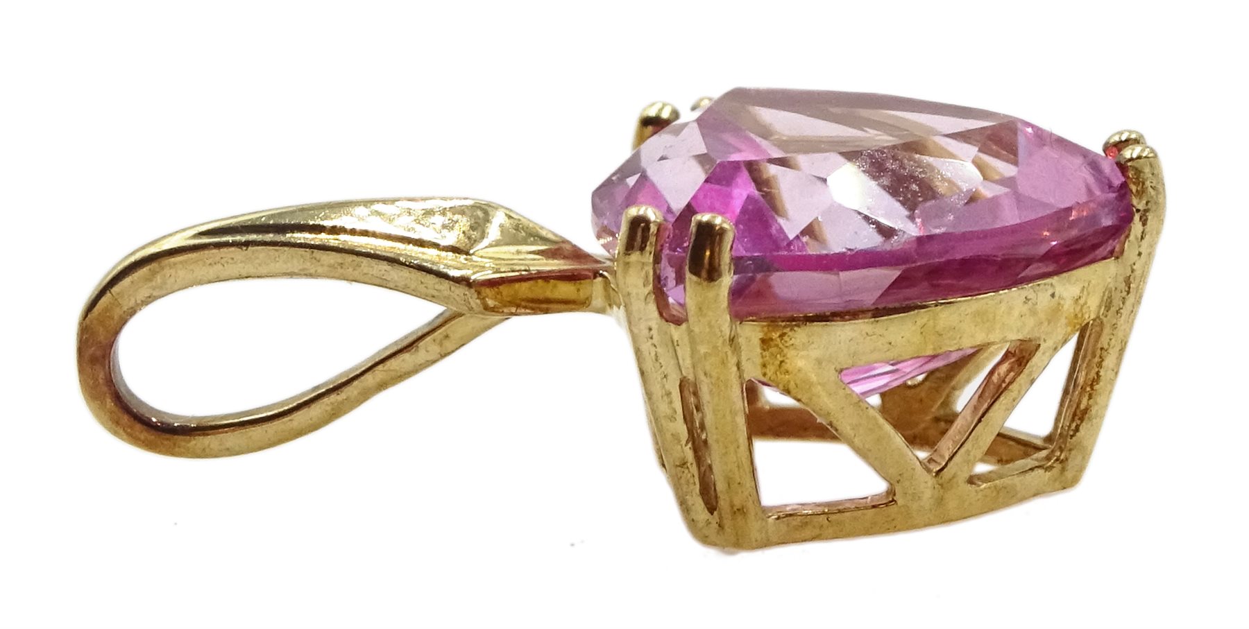 Pair of gold trillion cut flamingo topaz and and diamond stud earrings and a flamingo topaz pendant, all hallmarked 9ct