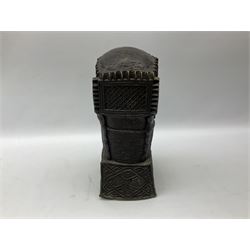 20th century Benin bronze head of an Oba, donning headdress and neck rings with wide open eyes, raised upon a tapering square base, the sides with relief cast knot decoration, H39cm