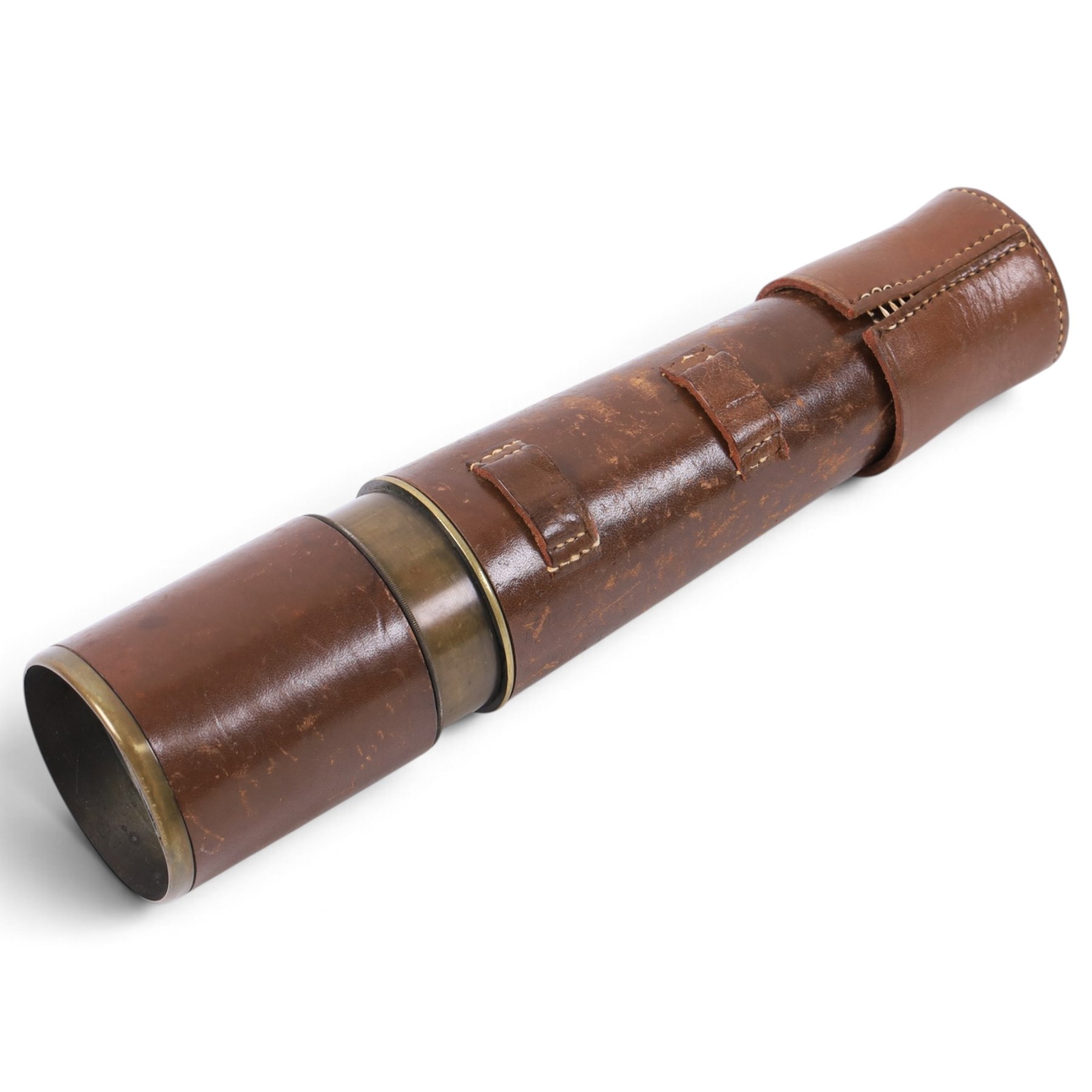 Early 20th century leather-bound three draw brass telescope by Broadhurst Clarkson & Co, 63 Farringdon Road London, full length L77cm