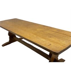 Gnomeman - large oak refectory dining table, rectangular adzed top on shaped end supports with sledge feet, united by pegged stretcher, carved with gnome signature, by Thomas Whittaker, Little Beck