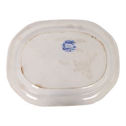 Two 19th century blue and white transfer printed pottery meat plates, the first by John Rogers & Sons decorated in The Drama Series patter, L54cm, the second by Bathwell & Goodfellow decorated in the Rural Scenery Traveller pattern, L43.5cm
