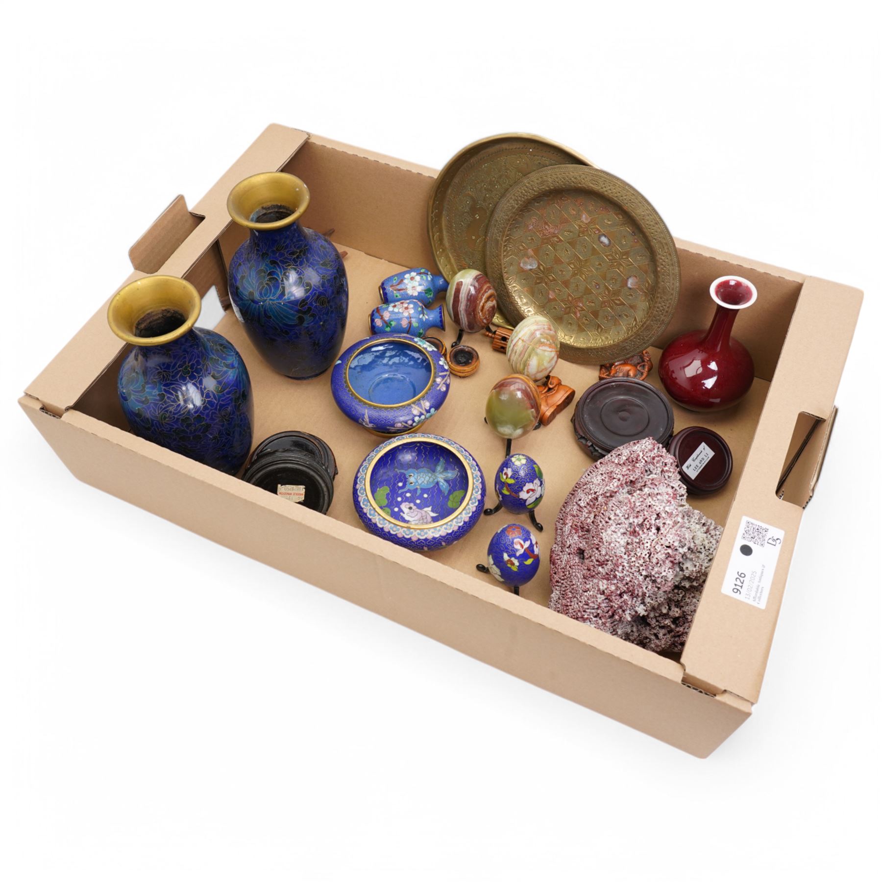 Pair of Chinese cloisonne vases with a paper label inscribed Middle Kingdom, other cloisonne items, hardstone eggs, three netsukes etc