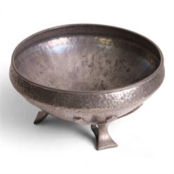 Oliver Baker for Liberty & Co - Tudric pewter bowl with hammered finish, upon three openwo...