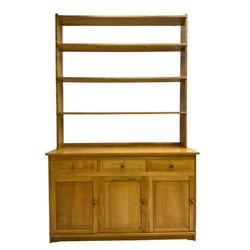 Treske - ash dresser, raised three height plate rack over three drawers and three panelled cupboards