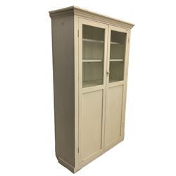 19th century painted pine kitchen cupboard, enclosed by two part glazed doors