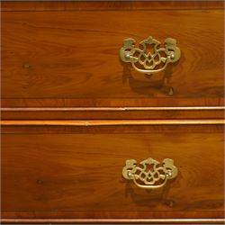 Late 20th century pair of yew wood chests of drawers, each with rectangular tops above two short over two long drawers, cockbeaded drawer fronts fitted with brass swan neck handles, raised on bracket feet