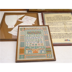  Victorian and later needlework pictures & samplers comprising 'The Honourable Emanuel Swedenborg's Rules of Life' 42cm x 50cm,  sample of stitch work by Alice Watkin aged 13 1879, Art Deco needlework landscape picture and others (8)  