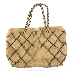 A Chanel 2001 rabbit fur tote bag, with diamond design and beige leather interior, serial no. 6880764, W39cm.
