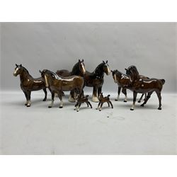 Eight Beswick figures of bay horses, comprising two Shire horses no 818, horse with tucked head and leg up no 1549, two mares no 976 and another further horse modelled stood, together with two standing foals