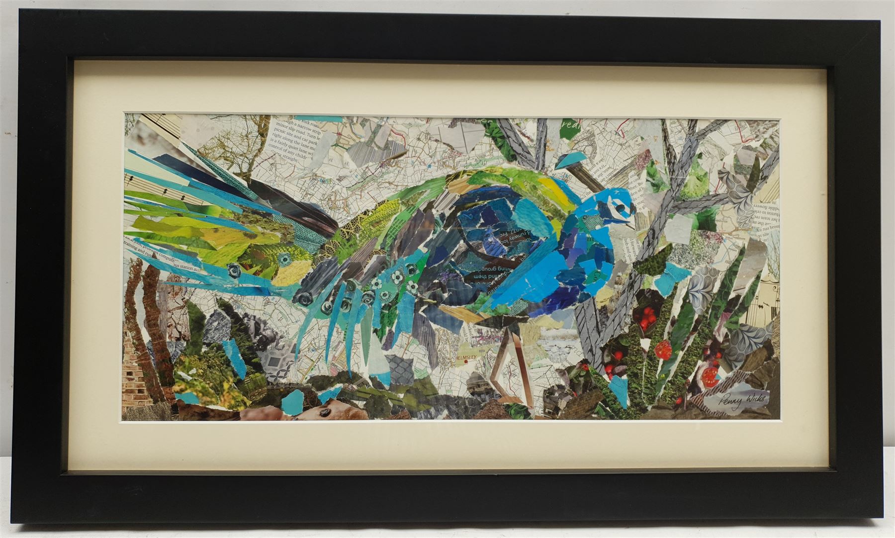 Penny Wicks (British 1949-): 'Pondering Peacock', mixed media collage signed, titled on label verso 21cm x 46cm