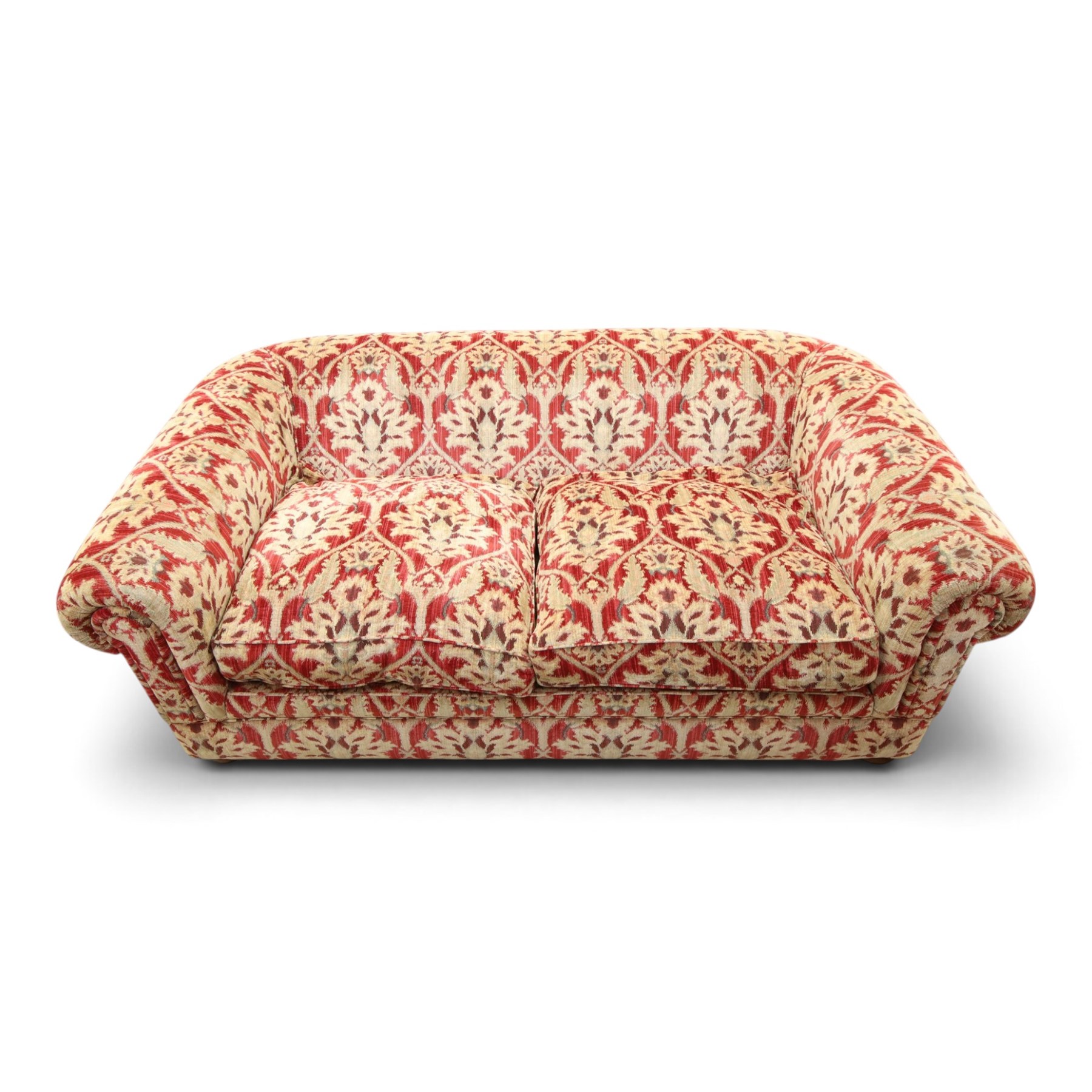 Tetrad - grande two seat 'Elgar' sofa of traditional Chesterfield shape with rolled arms, upholstered in red and gold foliate patterned fabric with matching loose and scatter cushions, on compressed bun feet