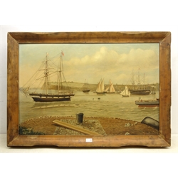  English School (19th century): Cardiff Bay and Penarth Headland, oil on canvas unsigned 59cm x 90cm Notes: a view prior to 1859 before Penarth Docks were built  