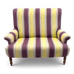 Sofa.com - ‘Jethou’ two seat sofa, upholstered in striped fabric of purple, yellow, and cream tones, with scroll arms and cushioned back, raised upon turned wooden front legs